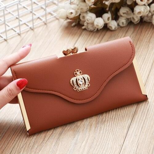 Fashion Womens Long Wallet PU Leather Crystal Diamond Crown Coin Purse Flip Hasp Female Retro Clutch Photo Credit Card Holder