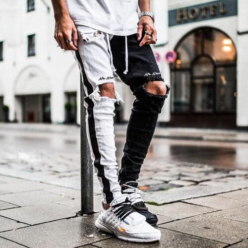Mens jeans 2020 fashion Hip hop patchwork jeans men slim Elasticity skinny jeans men ripped jeans straight printed jeans men