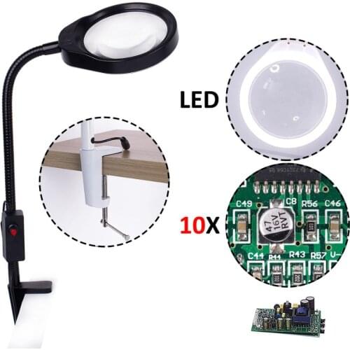 Newest LED Light Desktop Magnifier Adjustable Brightness Magnifier PD-032A Caliper Magnifier Expands 10 Times Electronic Repair