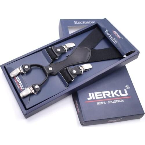 JIERKU Suspenders New Mans Braces Black Leather 4 Clips Suspensorio Trousers Strap Father/Husbands Gift Tirantes Hombre