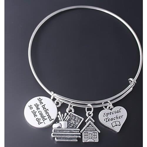 New teachers day gift jewellery bracelet ancient school label metal pendant teacher bangle for adjustable wire bangle