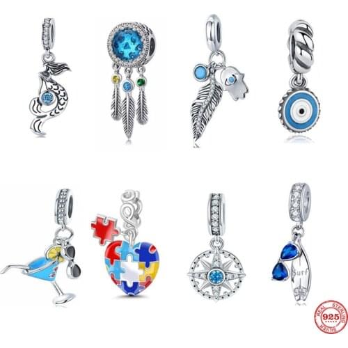925 Sterling Silver Blue Juice Palm Dreamcatcher Pendant Charms DIY fine beads Fit Original Pandora Charm Bracelet Jewelry