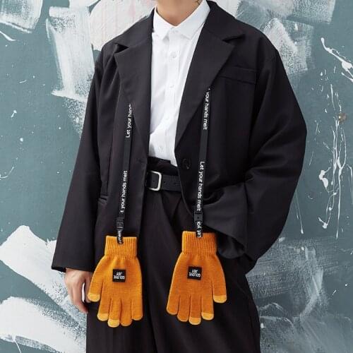 Autumn Winter Woolen Knitted Gloves Mens Outdoor Warm Touch Screen Fashion Lanyard Plus Velvet Thickening Riding and Driving