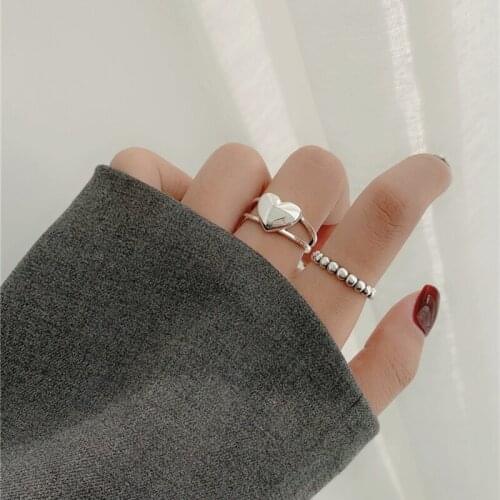 Simple Double-layer Convex Heart Love Adjustable 925 Sterling Silver Rings For Women Fashion Dainty Trendy Jewelry Gift