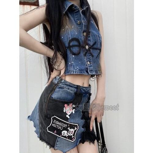 Ruibbit Japanese Gothic Harajuku Vintage Short Jean Skirt Punk Denim Culotte Hot Girl Y2k Mini Skirt