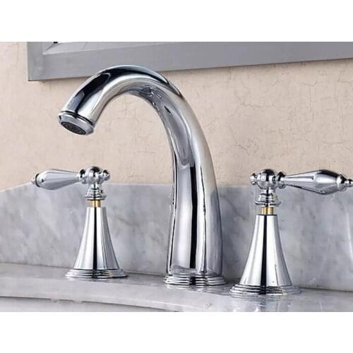 Silver Chrome Brass Double Handle Deck-Mount Three Hole Widespread Bathroom Lavatory Vessel Basin Faucet Sink Mixer Tap dcy001