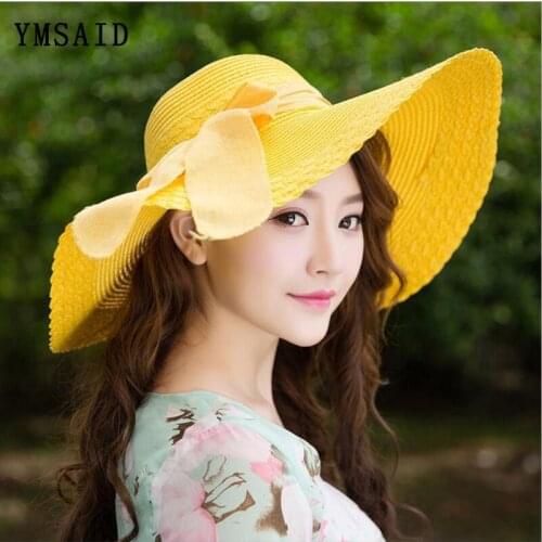 Female 2020 New Sun Hat Summer Anti-UV Lady Wide Brim Hat Women Solid Floppy Summer Straw Hats for Women Brim Beach Hat