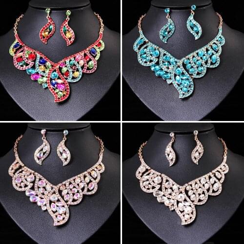 African Women Rhinestone Crystal Necklace Earrings Set Statement Jewelry Set Bridal Wedding Party Bib Collar Costume Accessories