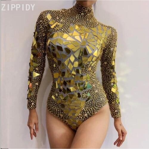 Bright Gold Rhinestones Mirrors Bodysuit Womens Birthday Celebrate Outfit DS Bar Singer Dancer Show Stretch Outfit