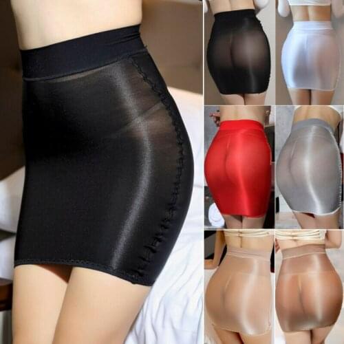 Women Sheer Skirt Micro Mini See Through Sexy Oiled Skirts Pencil Shiny Short Bodycon Stretch