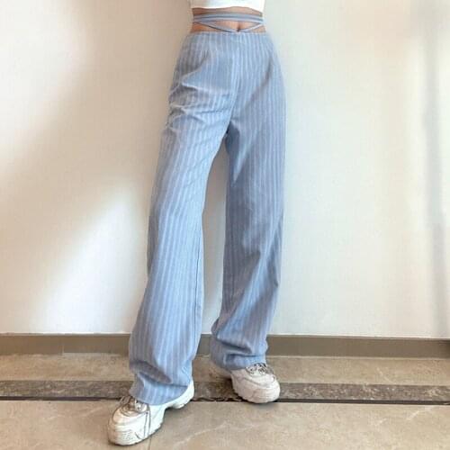 IAMSURE Casual Striped Pants High Waisted Trousers Wide Leg Pants Women 2021 New Summer Fashion Casual Streetwear Bottom Korean