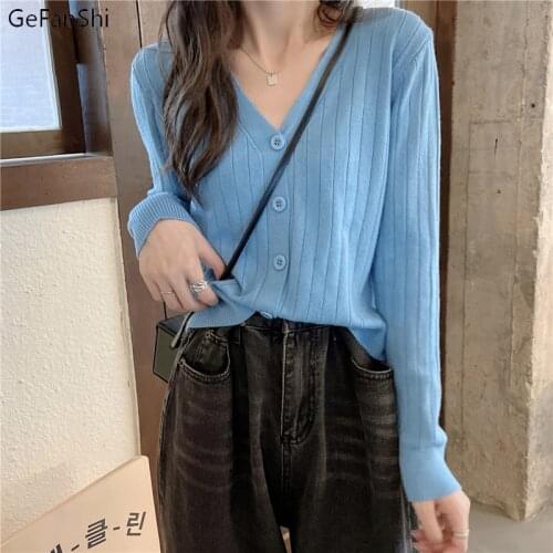 New 2021 Women Knitted Cardigans Sweater Fashion Autumn Long Sleeve Casual Coat Casual Button Solid V Neck Solid Female Tops