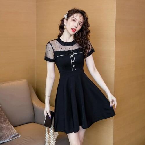 Woman A Line Black Dress Summer 2020 Short Sleeve Mesh Patchwork Polka Dot Office Work Dress Womens Dresses New Arrival 2020