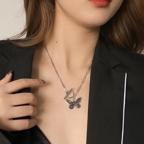Women jewelry hip hop T-shaped buckle butterfly pendant clavicle chain simple retro temperament necklace female