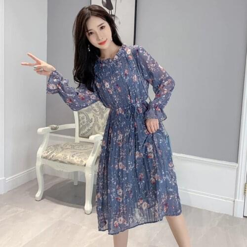 Autumn Floral Print Chiffon Long Sleeve pleated Midi Dress women Elegant Casual Vacation Dress Korean Style Vestido New Arrivals