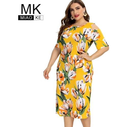 2020 Summer womens Plus Size Print Flower Off shoulder Dress fashion Ladies Chiffon party elegant dresses