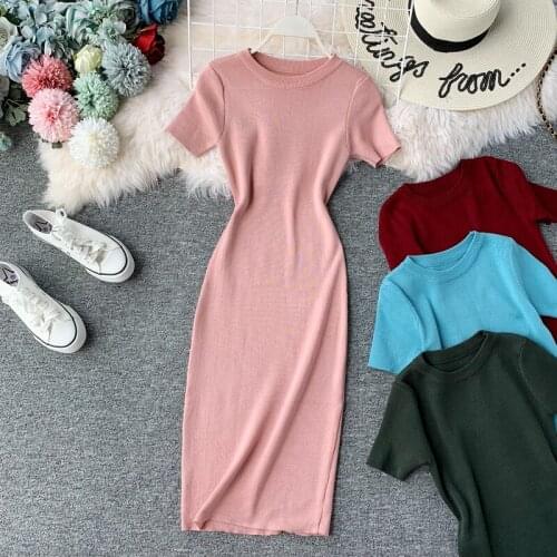 2021 New design womens fashion solid color o-neck short sleeve bodycon tunic knitted pencil dress
