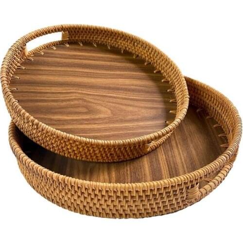 2 Pcs Woven Trays with Handles,Wicker Service Baskets,Round Rattan Trays,for Bread,Fruits,Vegetables,Snacks,Dressing,Etc