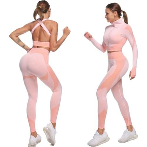 2020 Female Sport Gym Suit Wear Seamless Workout Yoga Sets Run Clothes Women Fitness Sport Yoga Suit Long Sleeve Gym Clothing