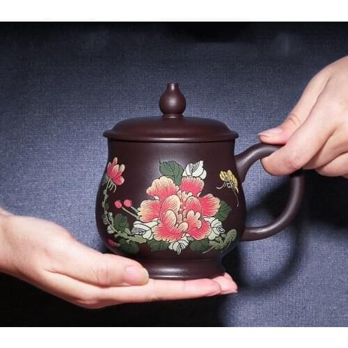 350ML Yixing Purple Clay Vintage Handgrip Mug for Household Flower Pattern Drinkware Health Raw Ore Zisha Biluochun Puer Tea Cup