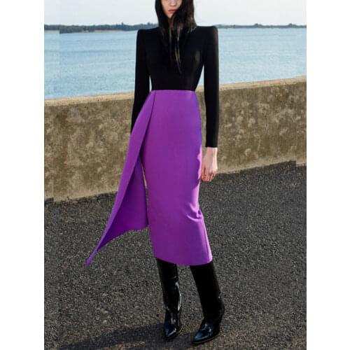 Bevenccel New Arrival Black Purple Patchwork Bodycon Bandage Dress Women 2021 Long Sleeve Ruffles Celebrity Runway Party Dresses
