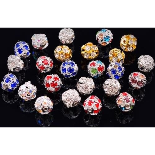 20pcs/lot 6-14mm Metal Plated Rhinestone Ball Beads Crystal Spacer Loose Beads For Jewelry Making DIY Bracelet Necklace Supplies