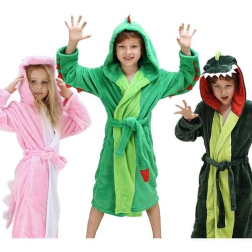 Girls Boys' Plush Hooded Bathrobe - Dinosaur Fleece Robe