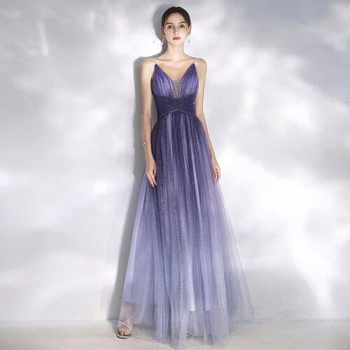 Purple Shining Prom Gowns V-Neck Spaghetti Straps Tulle Pleat A Line Long Bridesmaid Dress For Wedding Party Guests Night Dinner