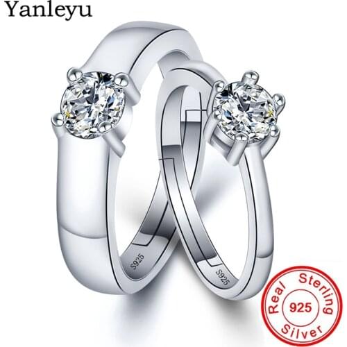 Yanleyu 2pcs Wedding Ring Set Genuine 925 Sterling Silver 5mm Cubic Zircon Open Rings for Women and Men Engagement Jewelry PR155