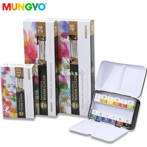 Mungyo Professional Half Pan Size Water Colors Set in Tin Case/Integral Mixing Palette in The lid ,12,24,48 Colors,Art supplies