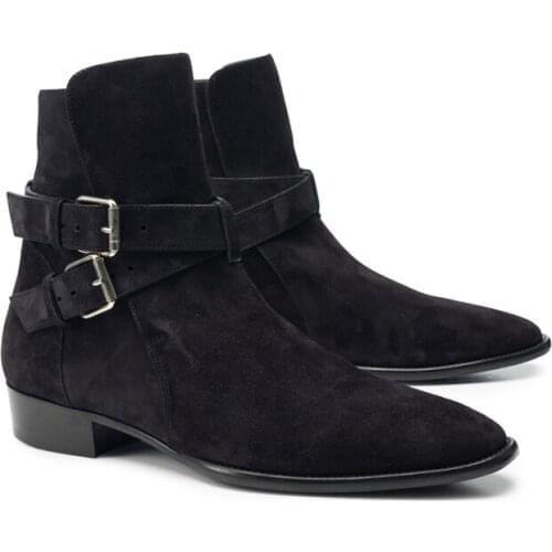 Handmade British Style Men Boots Fashion Buckle Strap Chelsea Boots Cow Suede Leather Pointed Toe Party Wedding Boots Plus Size