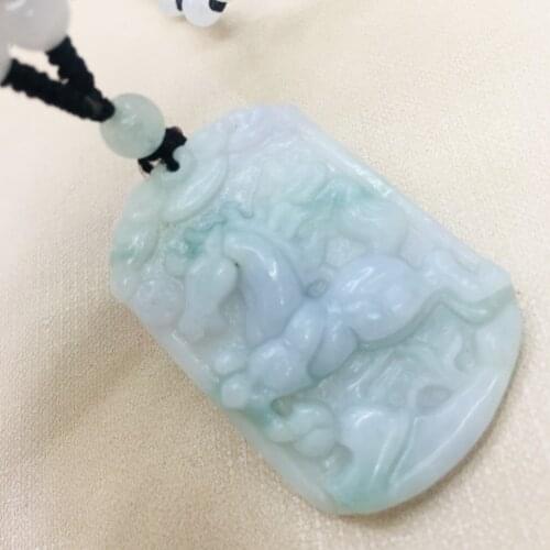 Pure natural Emerald jade Hand-carved large two-color zodiac horse pendant with emerald three-color bead necklace sweater chain