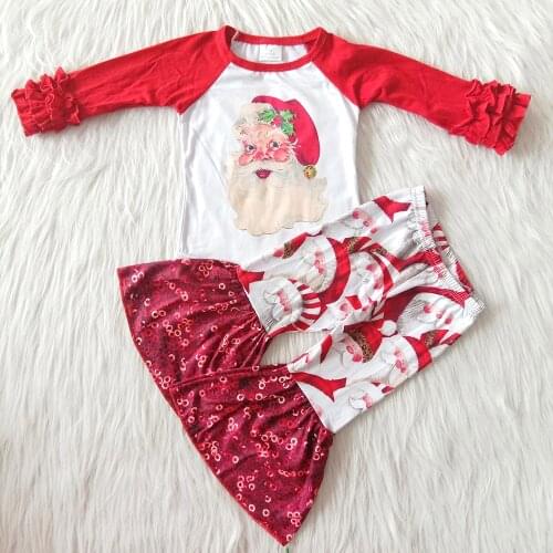 New arrival boutique girl long sleeve outfit girl christmas outfit with cartoon kids fashion winter santa clothing set