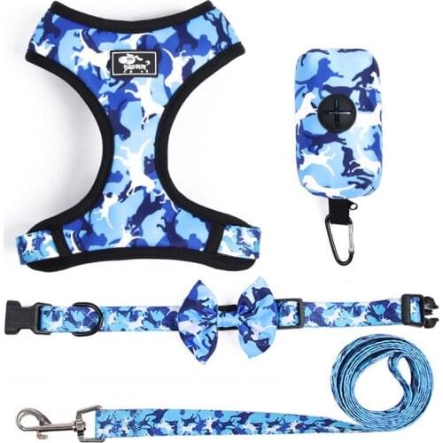 Dog Harness Collar With Walking Leash Dog Poop Bag 4-Pieces Set Pet Accessories Adjustable Reflective Harnesses With Dog Collars