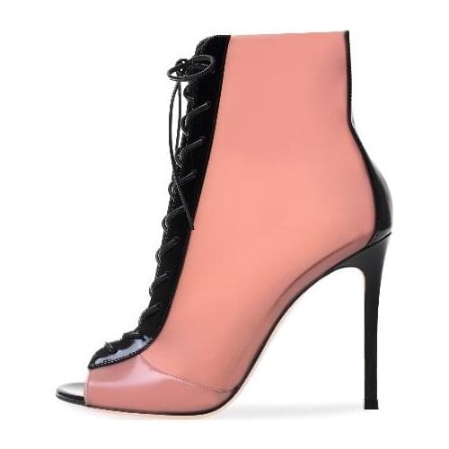 Sexy Pink Patent Leather Peep Toe Lace-up Ankle Boots Cut-out PVC Clear Black Heels Short Boots Fashion Glatiator Heels Boots