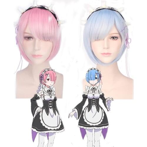 Re: Zero Start Life In Another World REM RAM Cosplay Wig Play Party Halloween With HairBand