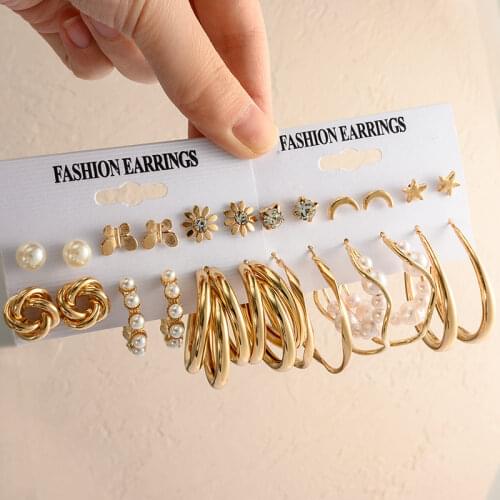 1Set Gold Metal Circle Pearl Hoop Drop Earrings For Women Fashion Geometric Stud Big Dangle Earrings 2021 Trend New Jewelry Gift