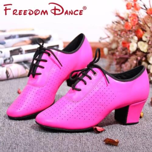 Pink Cow Leather Latin Dance Shoes for Women Middle Heel Lace-up Breathable Ballroom Tango Salsa Dance Teachers Shoes Sneakers