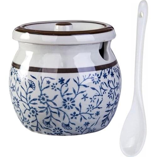 U Shape Mouth Ceramic Seasoning Jar Set Kitchen Supplies Home Condiment Bottles Spoon With Lid Salt Shaker Spice Container