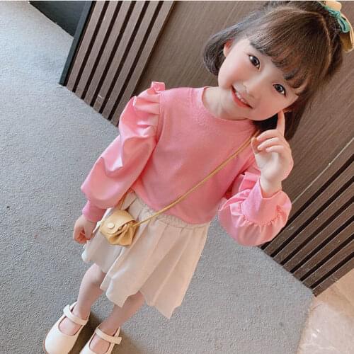 Girls' Bottoming Shirt 2021 Autumn New Fashion Versatile Top Baby Girls' Puff Sleeve Stitching Western Style Long-Sleeved Shirt