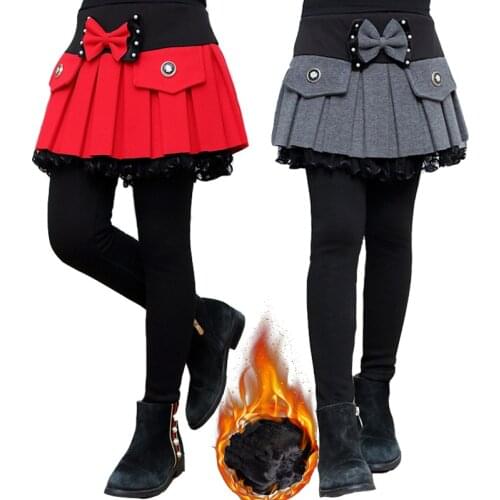Patchwork Bowknot Fleece Winter Girls Warm Skirts Pants For Kids Princess Leggings Kids Dance Pants Cake Skirt Trousers 2 Color