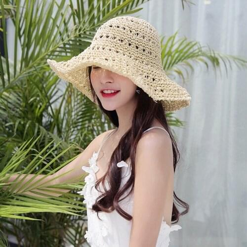 Women Lace Hollow Straw Cap Large Brim Foldable Hat Summer Ladies Elegant Travel Caps Female Fisherman Sun Hats CP02019