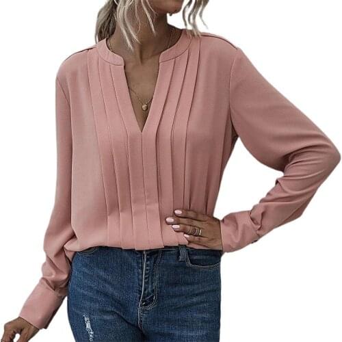 Women Blouse Elegant Solid Color Pleated Shirts Chiffon Long Sleeve V-neck Fashion Office Lady Pullover Blouses Top