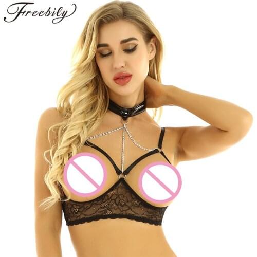 Womens Erotic Bras See Through Sheer Lace Lingerie Halter Neck Adjustable Spaghetti Straps Wire-free Open Cups Sexy Bra Top