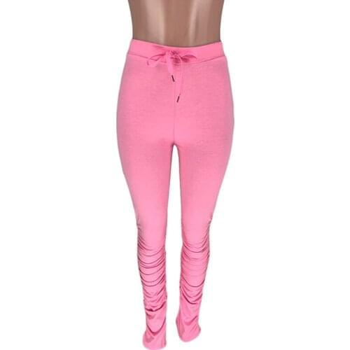 2020 Wholesale Women Summer Casual High Waist Pleated Sweat Pants Ruched Stacked Leggings Pants