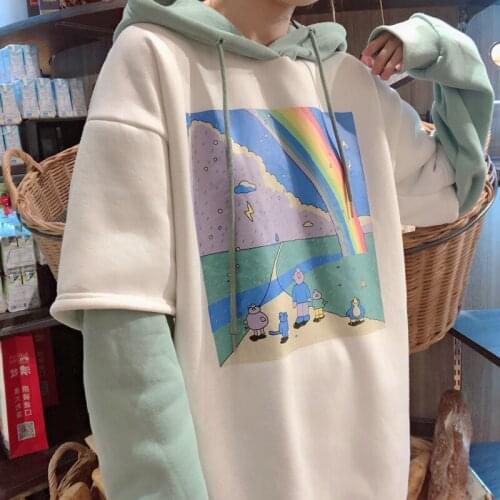 Oversized Hoodies Womens Streetwear Hoodie Women Printed Patchwork Hoody Simple Thicker Loose Simple Korean Style Drawstring