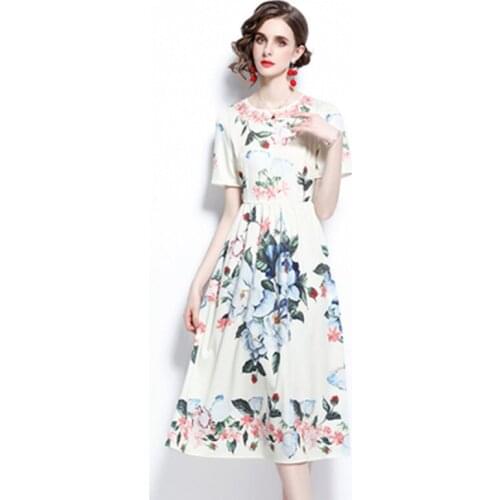 Vintage Women Fashion Floral Print Temperament Midi Dress 2021 Runway Short Sleeve Elegant Ladies Casual A-Line Dress Vestidos