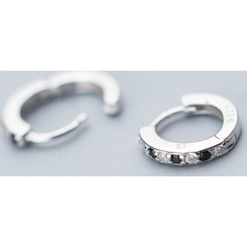 2mm*11mm child small Real. 925 Sterling Silver jewelry White &Black Zirconia AAA+ Round Hoop Huggie Earrings GTLE2786