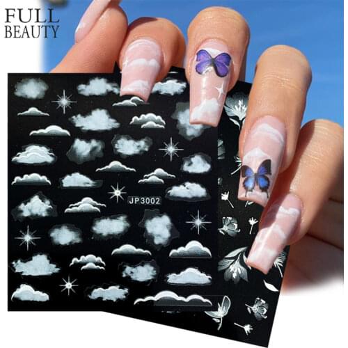 5D Sky White Cloud Stickers For Nail Decals Engraved Embossed Flowers Leaf Design Adhesive Slider Wraps Manicure CHJP3001-3018-1