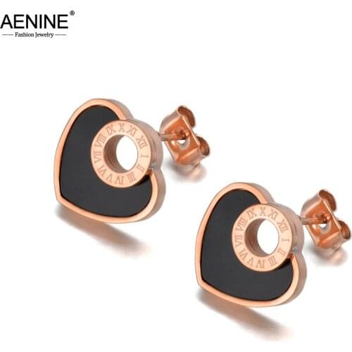 AENINE Trendy 316L Stainless Steel White Shell & Black Acrylic Heart Roman Numeral Wedding Earrings Jewelry For Women AE20085